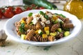 Whole wheat pasta with vegetables and feta Royalty Free Stock Photo
