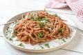 Whole wheat spaghetti with homemade tomato sauce and parmesan cheese on a plate Royalty Free Stock Photo