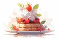 Whole wheat waffles topped with whipped cream, syrup and freshly chopped strawberries. Homemade healthy sweet food concept