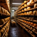 Whole wheel cheese on shelfs from the Netherlands