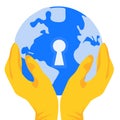 The whole world is under lock and key. Concept of a hand in protective gloves holding a globe on a white background. Royalty Free Stock Photo