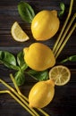 Whole yellow juicy lemons, Basil, cocktail tubes on a dark wooden background, citrus, top view, flat lay Royalty Free Stock Photo