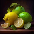 Whole yellow lemons and split half a freshly harvested lemon -Generate Artificial Intelligence - AI