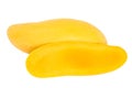 Whole yellow mango with half on white background, Fresh golden mango, Ripe mango slices, Ripe yellow mango, sweet, delicious, Plan