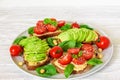 Wholegrain bread avocado and tomatoes toasts with hummus, sesame and basil in a plate over white wooden table Royalty Free Stock Photo