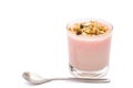 Wholegrain muesli on top of strawberry flavor yogurt Royalty Free Stock Photo