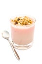 Wholegrain muesli on top of strawberry flavor yogurt