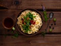 Wholegrain Oatmeal porridge bowl with fresh berries, fruits, nuts mint leaves tea cup. Healthy food oat meal breakfast Royalty Free Stock Photo