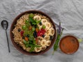 Wholegrain Oatmeal porridge bowl with fresh berries, fruits, nuts mint leaves tea cup. Healthy food oat meal breakfast Royalty Free Stock Photo