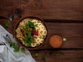 Wholegrain Oatmeal porridge bowl with fresh berries, fruits, nuts mint leaves tea cup. Healthy food oat meal breakfast Royalty Free Stock Photo