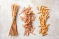 Wholegrain pasta assortment, spaghetti, tagliatelle and penne rigate, healthy noodles with fiber, protein, B vitamins and minerals