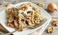 Wholegrain Pasta with topinambur cream, walnuts and zucchine Royalty Free Stock Photo