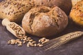 Wholegrain rolls or bread for breakfast and seeds and ears of rye or wheat grain. Vintage photo Royalty Free Stock Photo