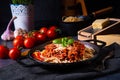 A wholegrain spaghetti with tomato sauce and minced meat