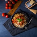 A wholegrain spaghetti with tomato sauce and minced meat