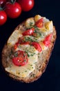 Wholemeal bread covered with butter, garnished with Olomouc cheese and tomato slices, sprinkled with parsley. Quick dinner. Royalty Free Stock Photo