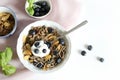 Wholemeal breakfast cereals, blueberries and yogurt. Royalty Free Stock Photo