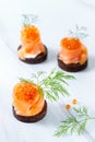 Wholemeal rye small sandwich with salted  smoked salmon, caviar and green dill Royalty Free Stock Photo