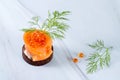 Wholemeal rye small toast with salted smoked salmon, caviar and green dill Royalty Free Stock Photo