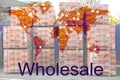 Wholesale business. World map and view of pallets with red bricks on background