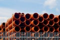 Wholesale. Sewer pipes stacked on shelves. Composition of building materials Royalty Free Stock Photo
