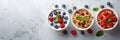 Wholesome american breakfast granola with milk, berries, and honey on bright white background