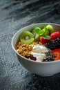 Granola muesli breakfast cereal, with milk and fresh fruit Royalty Free Stock Photo