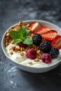 Granola muesli breakfast cereal, with milk and fresh fruit Royalty Free Stock Photo