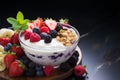 Wholesome breakfast Oat granola, yogurt, fruits, nuts on a board