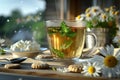 A wholesome breakfast spread with herbal tea, cottage cheese, and cookies on a rustic table Royalty Free Stock Photo