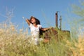 Wholesome brunette woman outdoors in a field Royalty Free Stock Photo