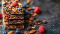 Wholesome chewy granola bars up close stack displaying nutritious ingredients and soft texture