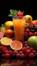 Wholesome display, assorted fresh fruits berries, citrus, apples juice filled glasses Colorful health
