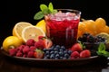 Wholesome display, assorted fresh fruits berries, citrus, apples juice filled glasses Colorful health