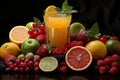 Wholesome display, assorted fresh fruits berries, citrus, apples juice filled glasses Colorful health