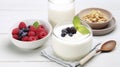 The Wholesome Experience of Fresh Yogurt on a White Table, Perfect for Probiotic Needs. Generative AI