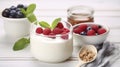 The Wholesome Experience of Fresh Yogurt on a White Table, Perfect for Probiotic Needs. Generative AI