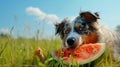 The Wholesome Indulgence: An Aussie on a Verdant Meadow Savoring Fruits on a Sunny Day, with a Dog A