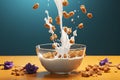 Wholesome morning Flying granola, milk splash bowl cradles nutritious breakfast components
