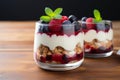 Wholesome snack Raspberry and blueberry yogurt parfait with crunchy granola