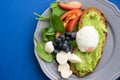 Wholesome tasty full of vitamins and health breakfast with avocado, berries, cheese and tomatoes with basil.