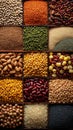 Wholesome variety Top view collage of various organic grains, legumes