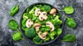 Wholesome vegan lunch bowl with avocado, mushrooms, broccoli, and spinach for a nutritious meal