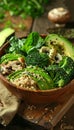 Wholesome vegan lunch bowl with avocado, mushrooms, broccoli, and spinach for a nutritious meal