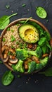 Wholesome vegan lunch bowl with avocado, mushrooms, broccoli, and spinach for a nutritious meal