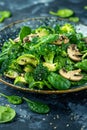 Wholesome vegan lunch bowl with avocado, mushrooms, broccoli, and spinach for a nutritious meal