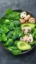 Wholesome vegan lunch bowl with avocado, mushrooms, broccoli, and spinach for a nutritious meal