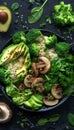 Wholesome vegan lunch bowl with avocado, mushrooms, broccoli, and spinach for a nutritious meal