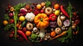 Wholesome vegetarian seasonal cuisine. Flat-lay of autumn vegetables, fruits, and mushrooms from local market with text space.