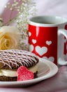 Whoopee pie and hearts still life Royalty Free Stock Photo